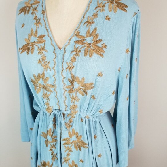 Paparazzi Blue Green Gauzy Dress with Gold Floral Embroidery Women's Size Medium - Picture 5 of 11